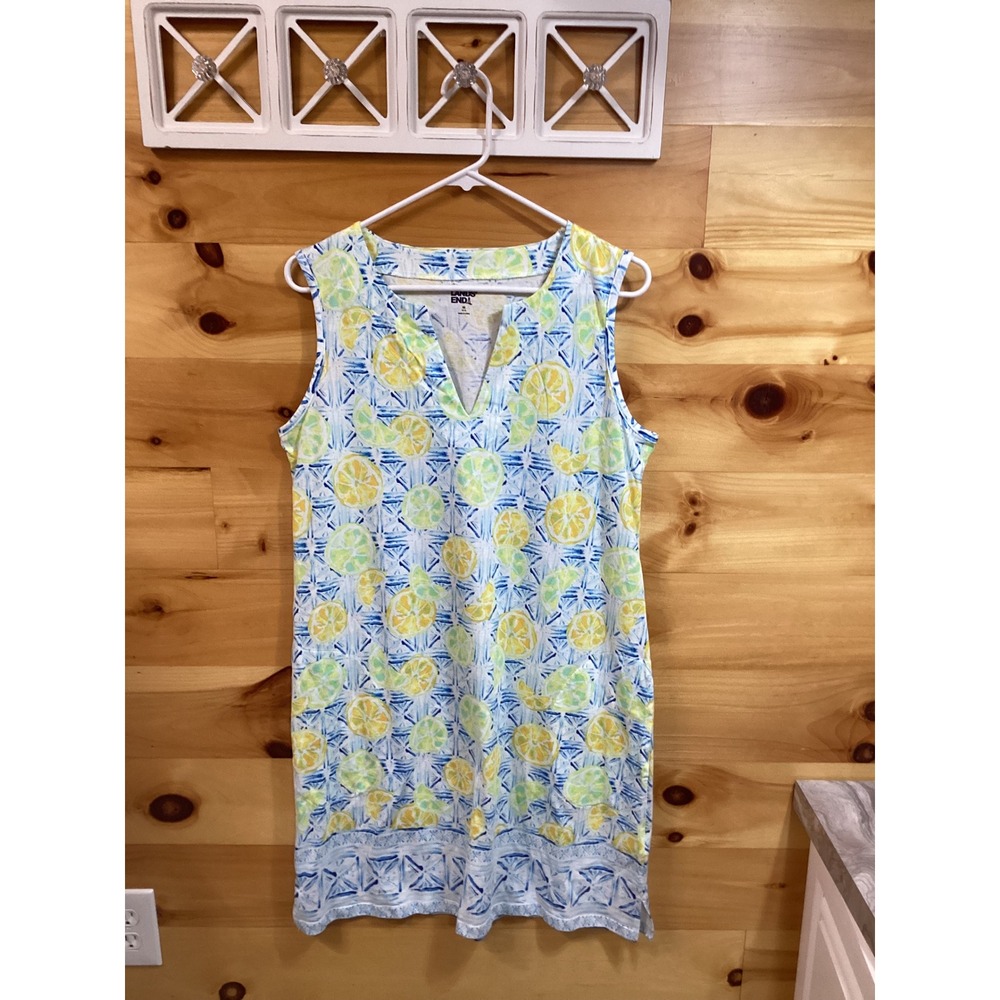 Lands End Womens Lemon Citrus Print Sleeveless Cotton Shift Dress Blue Yellow M